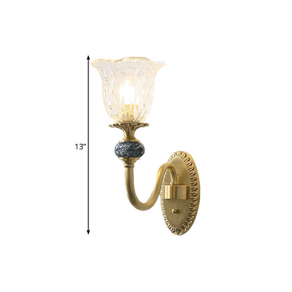 Vivolux | 1/2-Kopf Floral Wandmontage Lampe Klassischer Stil Messing Klar Geripptes Glas Wandleuchte mit Schwungarm