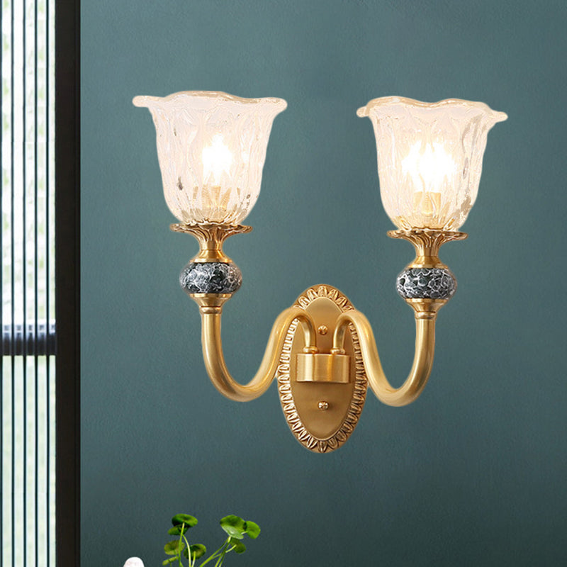 Vivolux | 1/2-Kopf Floral Wandmontage Lampe Klassischer Stil Messing Klar Geripptes Glas Wandleuchte mit Schwungarm