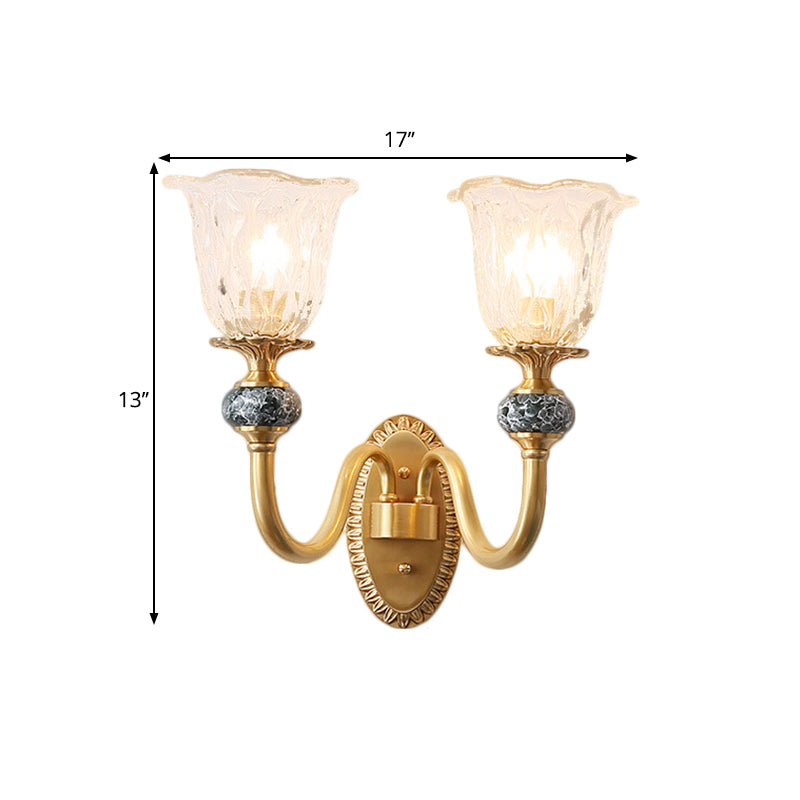 Vivolux | 1/2-Kopf Floral Wandmontage Lampe Klassischer Stil Messing Klar Geripptes Glas Wandleuchte mit Schwungarm