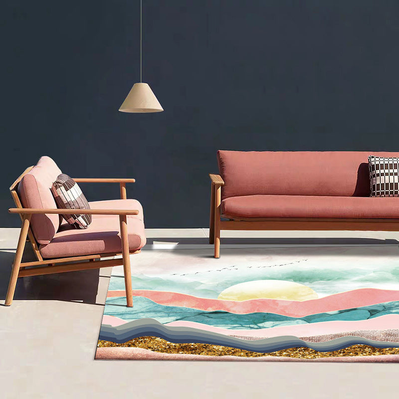 Vivolux | Nieuwigheid Woonkamer Tapijt Kleurrijke Berg Zon Vogelprint Tapijt Polyester Huisdiervriendelijk Vlekbestendig Gebiedtapijt