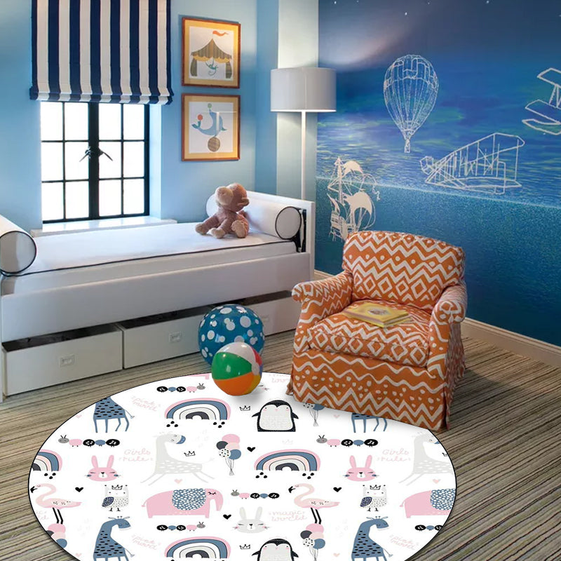 Vivolux | Einfache Kinderteppich in Weiß und Blau Tier Giraffe Pinguin Kaninchen Muster Teppich Polyester Waschbar Teppich für Kinderzimmer