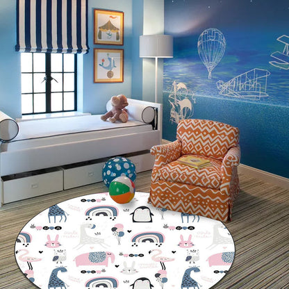 Vivolux | Einfache Kinderteppich in Weiß und Blau Tier Giraffe Pinguin Kaninchen Muster Teppich Polyester Waschbar Teppich für Kinderzimmer