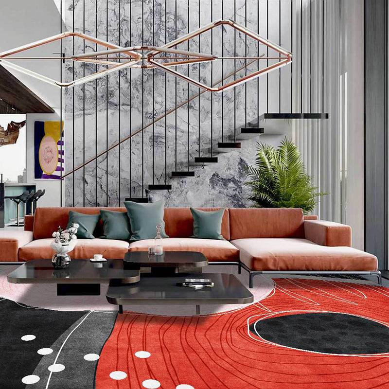 Vivolux | Nieuwheid woonkamer tapijt in rood en zwart kleurdoos stippen lijnen druk tapijt polyester machinewasbaar vlekbestendig tapijt