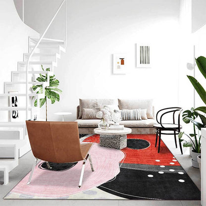 Vivolux | Nieuwheid woonkamer tapijt in rood en zwart kleurdoos stippen lijnen druk tapijt polyester machinewasbaar vlekbestendig tapijt