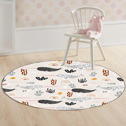 Vivolux | Schattig Kindertapijt in IVORY Tier Walvis Bladeren Muster Teppich Polyester Antirutsch Waschbar Teppich für Kinderzimmer