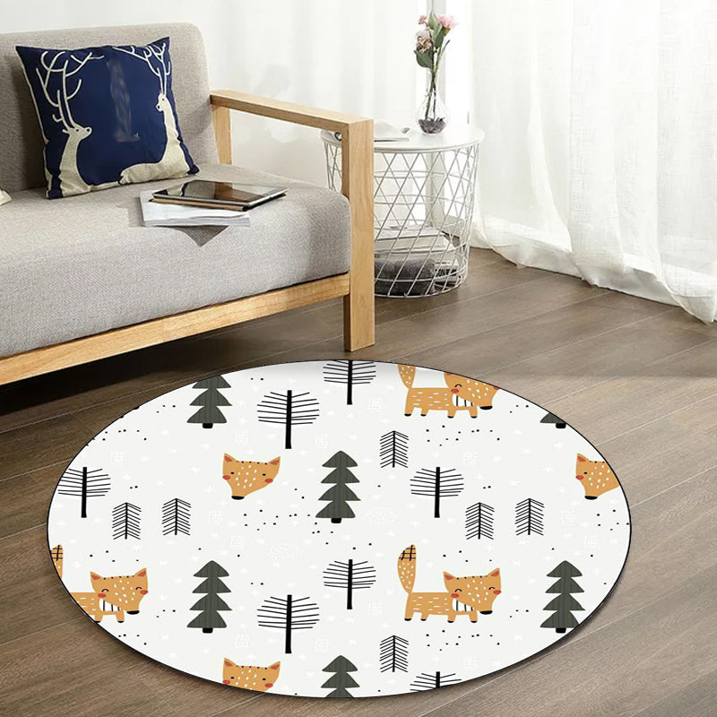Vivolux | Weißer Kinderzimmerteppich Kinder Tier Fuchs Baum Muster Bereichsteppich Polyester Fleckenresistenter Teppich