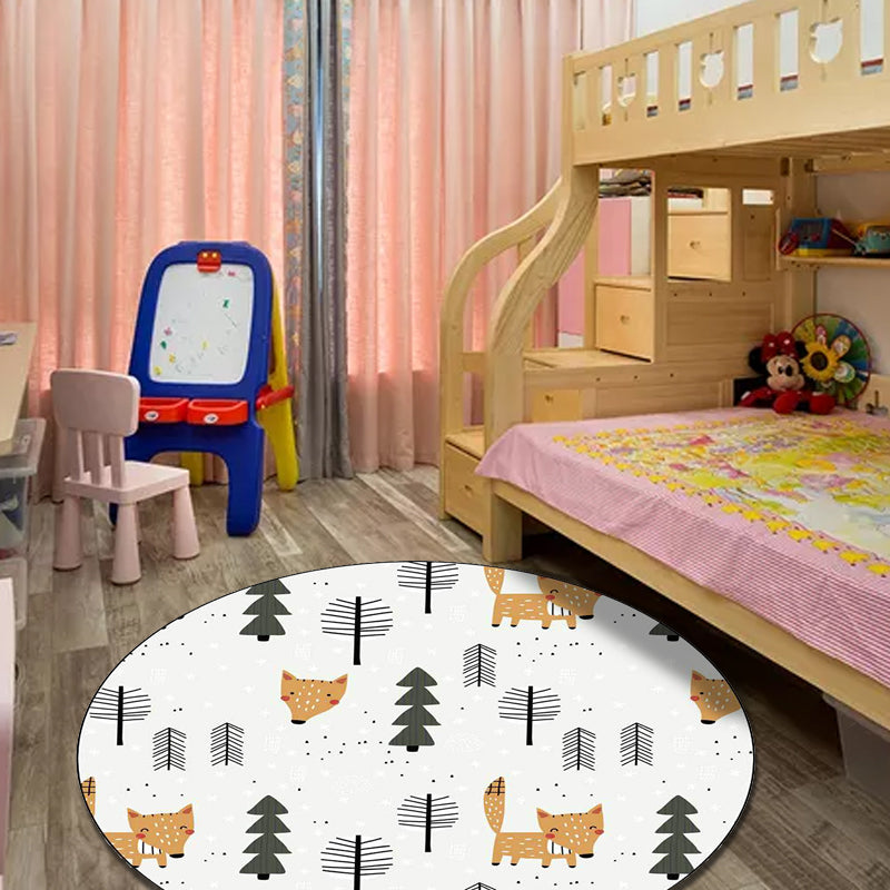 Vivolux | Weißer Kinderzimmerteppich Kinder Tier Fuchs Baum Muster Bereichsteppich Polyester Fleckenresistenter Teppich