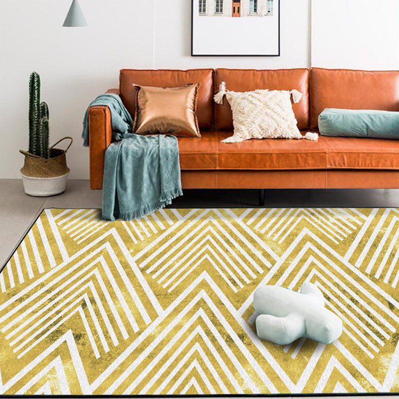 Vivolux | Gold Schlafzimmer Teppich Neuheit Geometrisches Bergstreifenmuster Teppich Polyester Haustierfreundlicher waschbarer Teppich