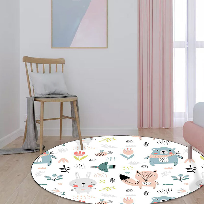 Vivolux | Weißer Kinderzimmerteppich Kinder Tier Kaninchen Fuchs Bär Blumenmuster Gebietsteppich Polyester Anti-Rutsch-Rücken Teppich