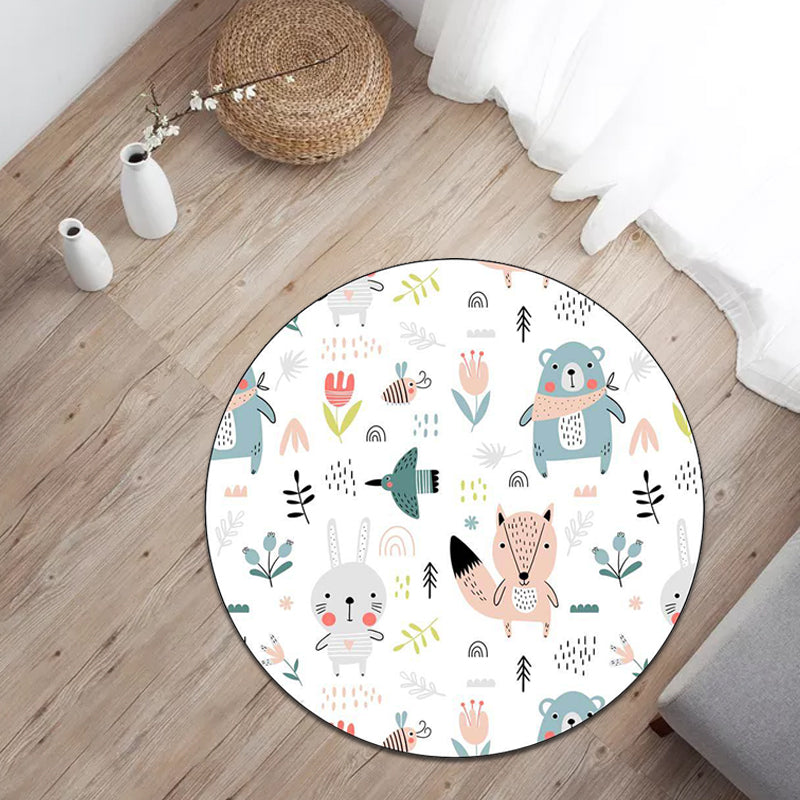Vivolux | Weißer Kinderzimmerteppich Kinder Tier Kaninchen Fuchs Bär Blumenmuster Gebietsteppich Polyester Anti-Rutsch-Rücken Teppich