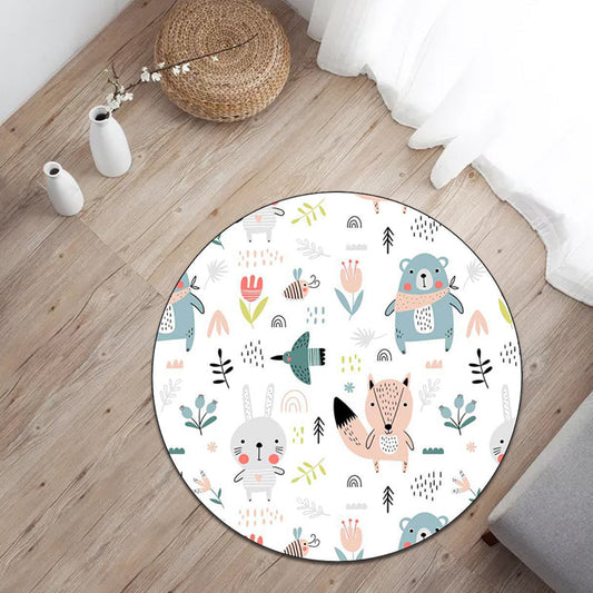 Vivolux | Weißer Kinderzimmerteppich Kinder Tier Kaninchen Fuchs Bär Blumenmuster Gebietsteppich Polyester Anti-Rutsch-Rücken Teppich