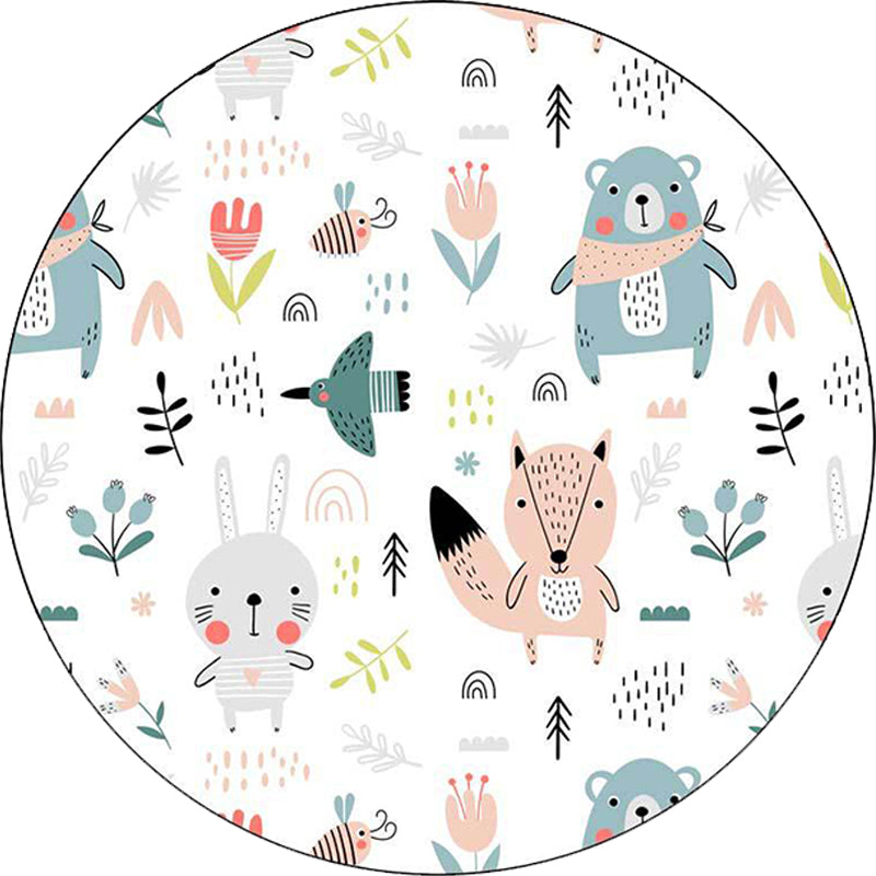 Vivolux | Weißer Kinderzimmerteppich Kinder Tier Kaninchen Fuchs Bär Blumenmuster Gebietsteppich Polyester Anti-Rutsch-Rücken Teppich