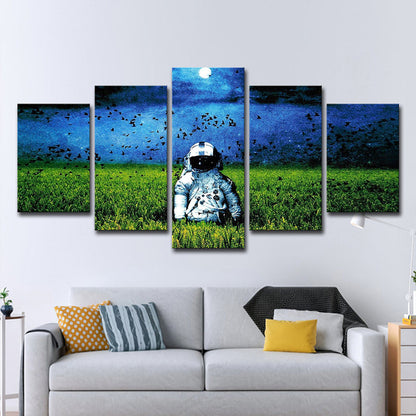 Vivolux | Sci-Fi Ruimteman Canvas Kunst Groene en Blauwe Maan Nachtlandschap Wanddecoratie, Meerdere Stukken