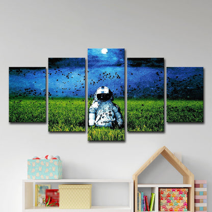 Vivolux | Sci-Fi Ruimteman Canvas Kunst Groene en Blauwe Maan Nachtlandschap Wanddecoratie, Meerdere Stukken