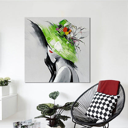 Vivolux | Elegante vrouw met hoed canvas wandkunst voor meisjeskamer, groen en grijs, textuur