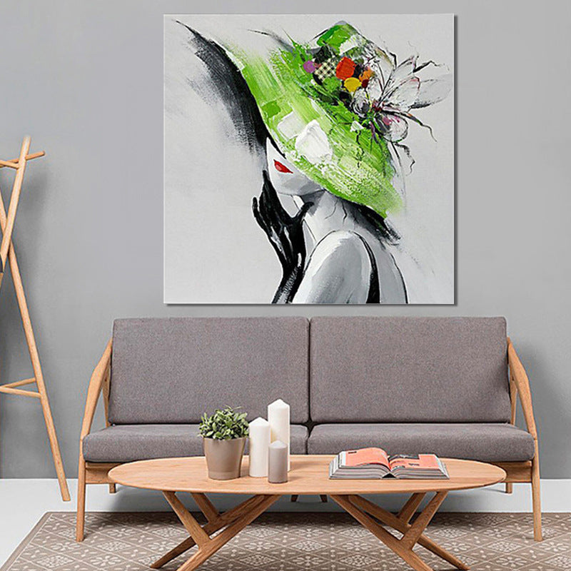 Vivolux | Elegante vrouw met hoed canvas wandkunst voor meisjeskamer, groen en grijs, textuur