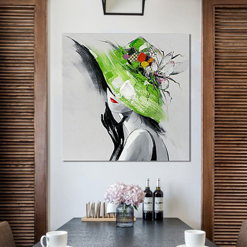 Vivolux | Elegante vrouw met hoed canvas wandkunst voor meisjeskamer, groen en grijs, textuur