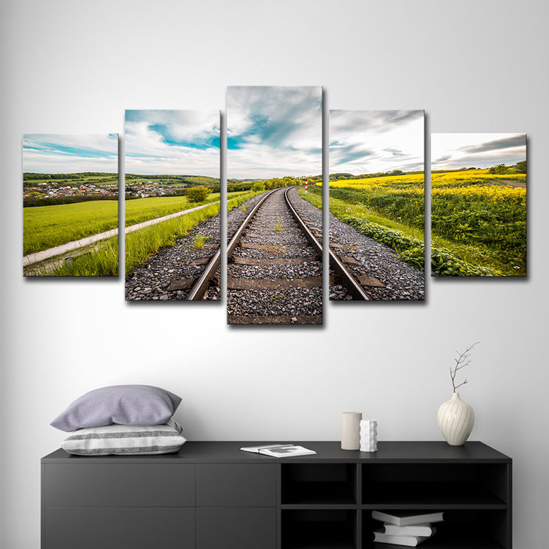 Vivolux | Grünes Eisenbahn Dorf Landschaft Leinwand Multi-Stück Wandkunst für Hausinterieur