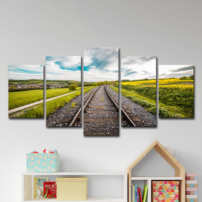 Vivolux | Grünes Eisenbahn Dorf Landschaft Leinwand Multi-Stück Wandkunst für Hausinterieur