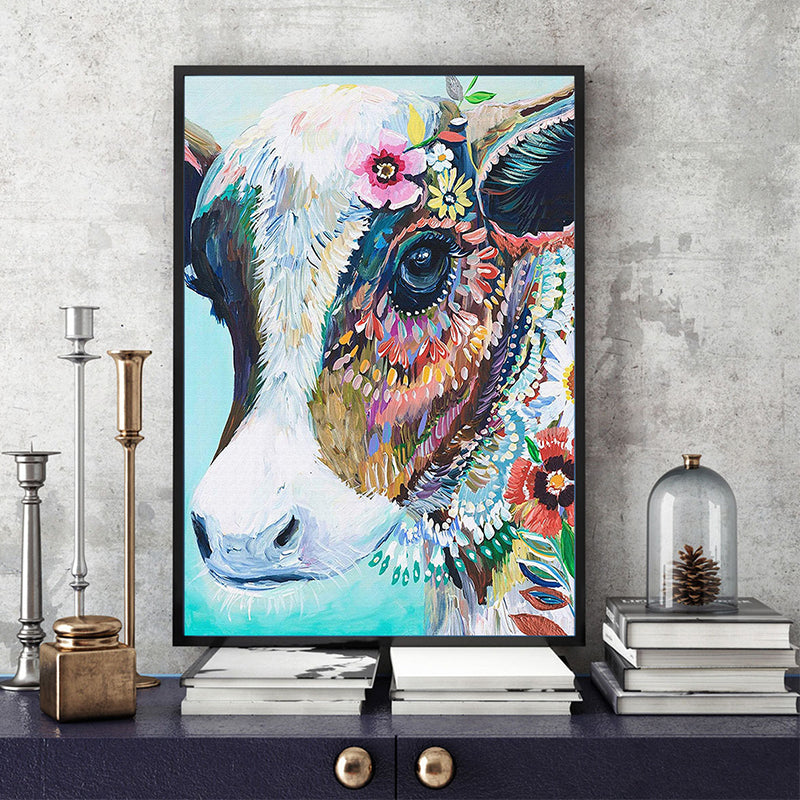 Vivolux | Koe met Bloemen Schilderij Canvas Blauw Modernistische Stijl Woonkamer Wanddecoratie