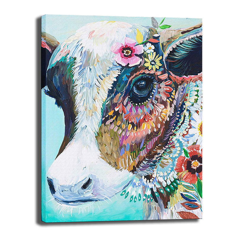 Vivolux | Koe met Bloemen Schilderij Canvas Blauw Modernistische Stijl Woonkamer Wanddecoratie