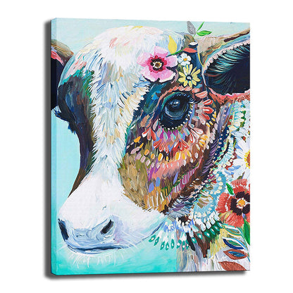 Vivolux | Koe met Bloemen Schilderij Canvas Blauw Modernistische Stijl Woonkamer Wanddecoratie