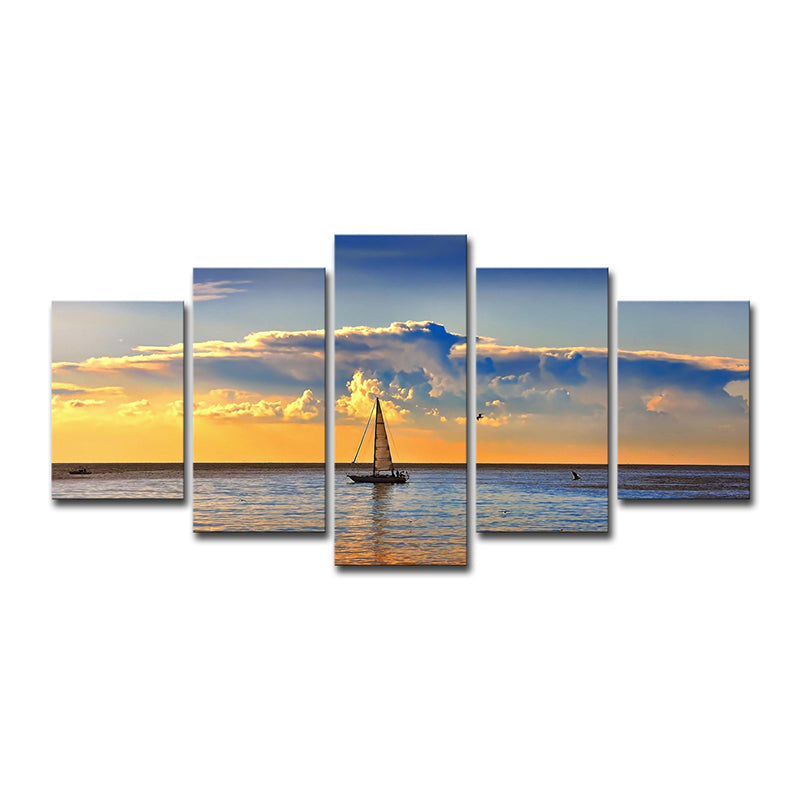 Vivolux | Fotografie Segelboot im Ozean Sonnenuntergang Kunstdruck für das Wohnzimmer, Himmelblau und Gelb