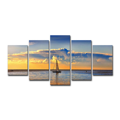 Vivolux | Fotografie Segelboot im Ozean Sonnenuntergang Kunstdruck für das Wohnzimmer, Himmelblau und Gelb