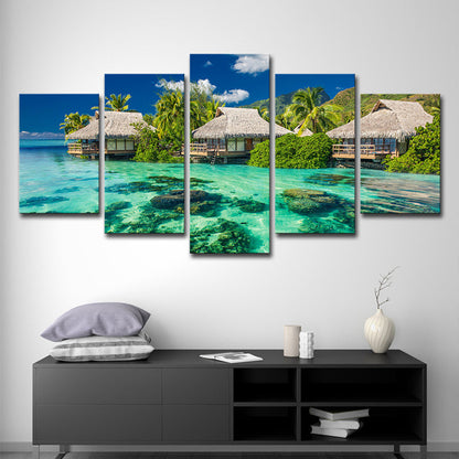 Vivolux | Tropisches Resort Seascape Kunstdruck Aqua Wohnzimmer Wanddekoration, Mehrteilig