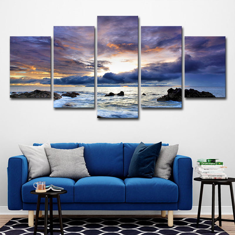 Vivolux | Nachtfall Bewolkte Oceaan Scenery Kunstdruk Moderne Multi-Piece Canvas Muurdecor in Blauw