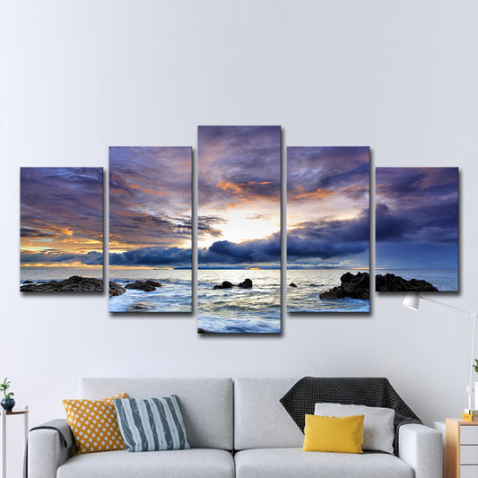 Vivolux | Nachtfall Bewolkte Oceaan Scenery Kunstdruk Moderne Multi-Piece Canvas Muurdecor in Blauw