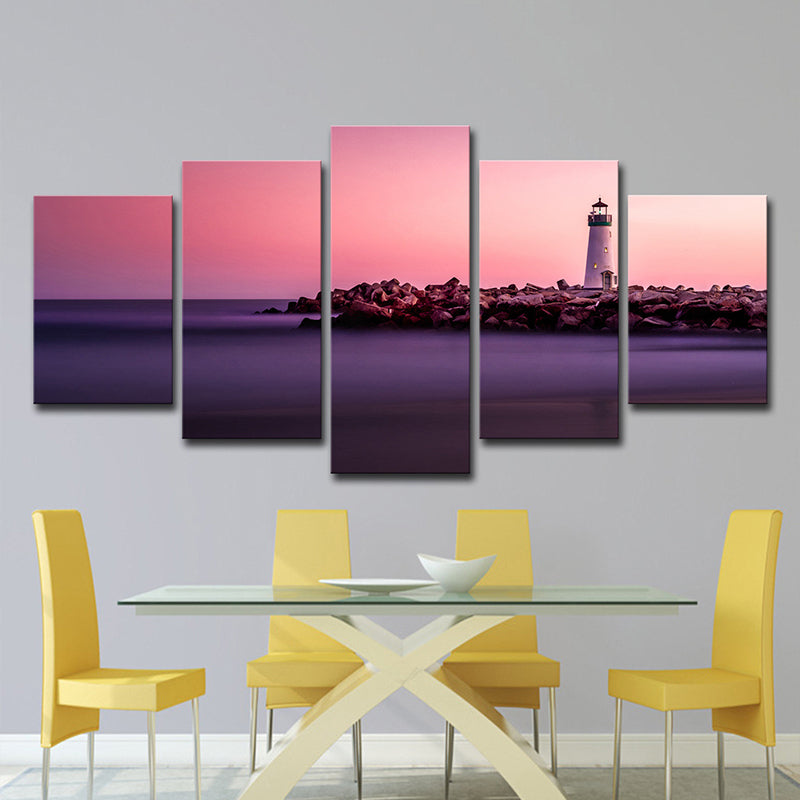 Vivolux | Zonsondergang Zeeslag Lighthouse Canvas Print Hedendaagse Multi-Stuk Muurdecoratie in Roze