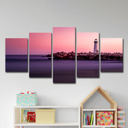 Vivolux | Zonsondergang Zeeslag Lighthouse Canvas Print Hedendaagse Multi-Stuk Muurdecoratie in Roze