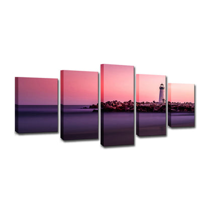 Vivolux | Zonsondergang Zeeslag Lighthouse Canvas Print Hedendaagse Multi-Stuk Muurdecoratie in Roze
