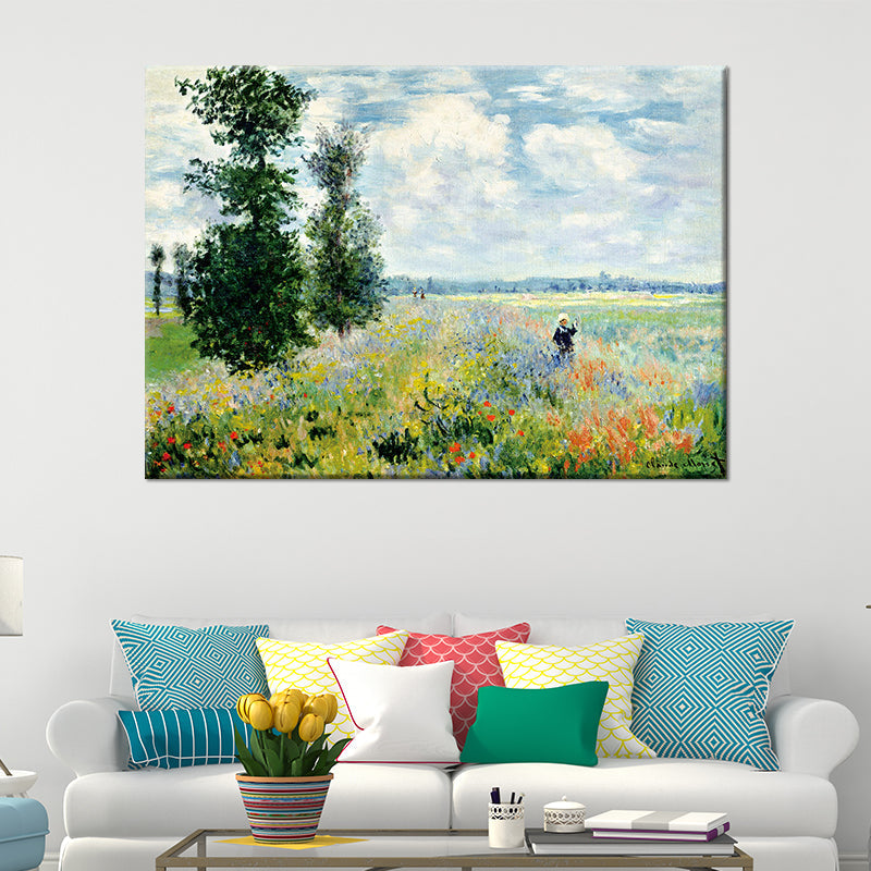 Vivolux | Lichtblauw Moderne Wandkunst Kinderen in Bloemenwereld Landschap Canvas Schilderij voor Slaapkamer