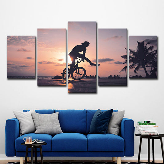 Vivolux | Tropische Sonnenuntergang Fahrradtour Leinwand Grau und Orange Mehrteilige Wandkunst für Wohnung