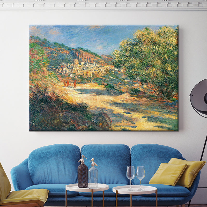 Vivolux | Landschaft Wandkunst Druck Moderne Malerische Straße zum Bergdorf Gemälde in Grün