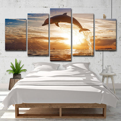 Vivolux | Braun Sonnenuntergang Wandkunst Dekoration Delfin springt aus dem Meer modernes Mehrteiliges Leinwanddruck