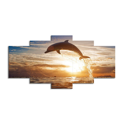 Vivolux | Braun Sonnenuntergang Wandkunst Dekoration Delfin springt aus dem Meer modernes Mehrteiliges Leinwanddruck