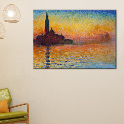 Vivolux | Texturiertes Orange Eingewickeltes Canvas Moderne Stadt am Fluss Sonnenuntergang Landschaft Wandkunst