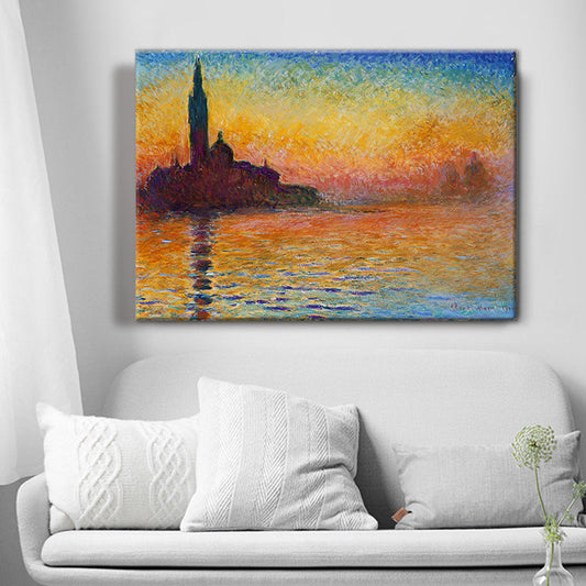 Vivolux | Texturiertes Orange Eingewickeltes Canvas Moderne Stadt am Fluss Sonnenuntergang Landschaft Wandkunst
