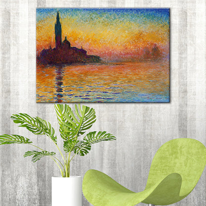 Vivolux | Texturiertes Orange Eingewickeltes Canvas Moderne Stadt am Fluss Sonnenuntergang Landschaft Wandkunst