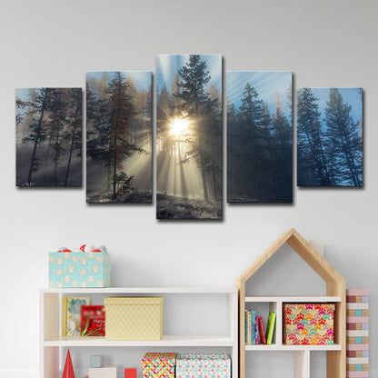 Vivolux | Zonneschijn in Mistig Bos Kunstprint Blauw Modernistische Wanddecoratie voor Slaapkamer, Meerdere Stukken