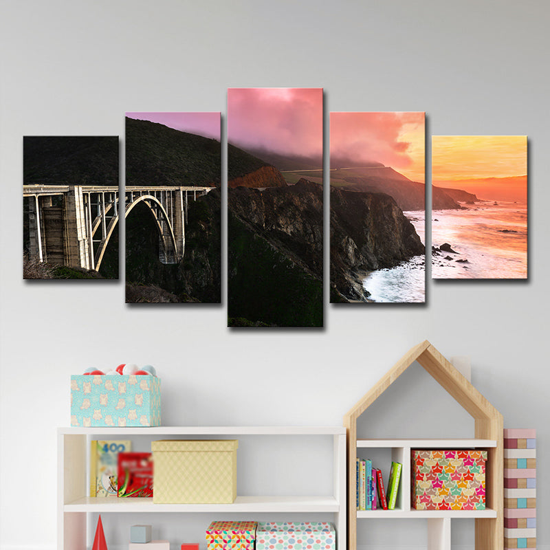 Vivolux | Zonsondergang Landschap Wanddecoratie voor Thuis Brug Over Steenbaai Canvas in Zwart, Meerdere Stukken