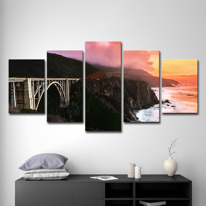 Vivolux | Zonsondergang Landschap Wanddecoratie voor Thuis Brug Over Steenbaai Canvas in Zwart, Meerdere Stukken