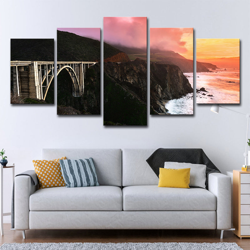 Vivolux | Zonsondergang Landschap Wanddecoratie voor Thuis Brug Over Steenbaai Canvas in Zwart, Meerdere Stukken