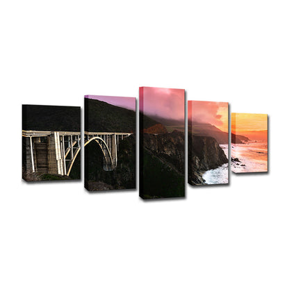 Vivolux | Zonsondergang Landschap Wanddecoratie voor Thuis Brug Over Steenbaai Canvas in Zwart, Meerdere Stukken