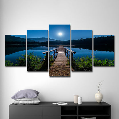 Vivolux | Tegenwoordige Canvasprint Blauwe Brug naar de Rivier bij Volle Maan Nacht Wanddecoratie