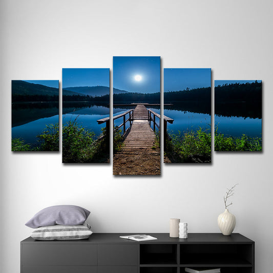 Vivolux | Tegenwoordige Canvasprint Blauwe Brug naar de Rivier bij Volle Maan Nacht Wanddecoratie