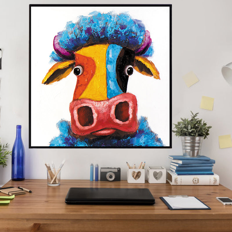 Vivolux | Contemporary Ox Kunstprint Blauw-Geel Textuur Gevuld Canvas voor Woonkamer